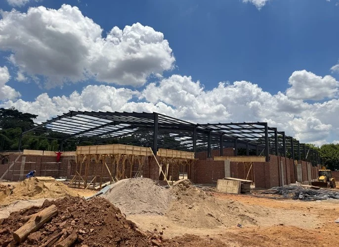 Industrial structural steel frame under construction